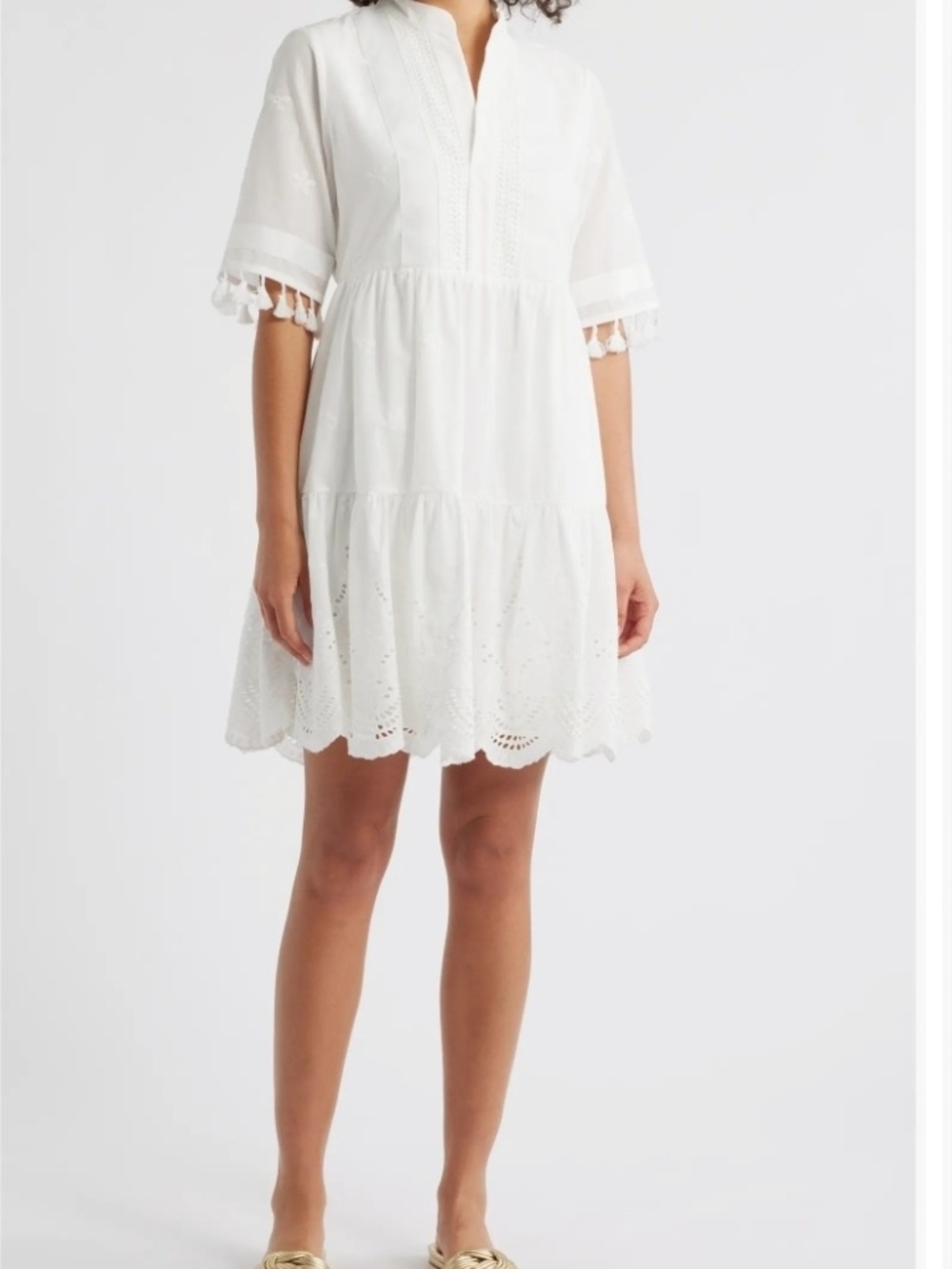 Tahari White Eyelet Tassel-Trim Tiered Mini Dress with Scalloped Hem
